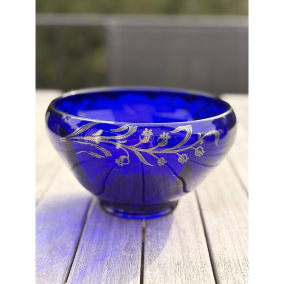 Cobalt Blue Art Glass Bowl Vase w Lily of the Valley Sterling  Overlay 1950s 7” - Picture 1 of 10